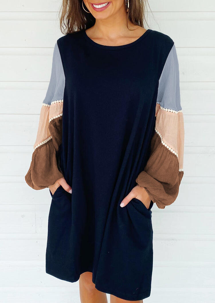 

Color Block Lace Splicing Pocket Lantern Sleeve Mini Dress - Navy Blue, 486883