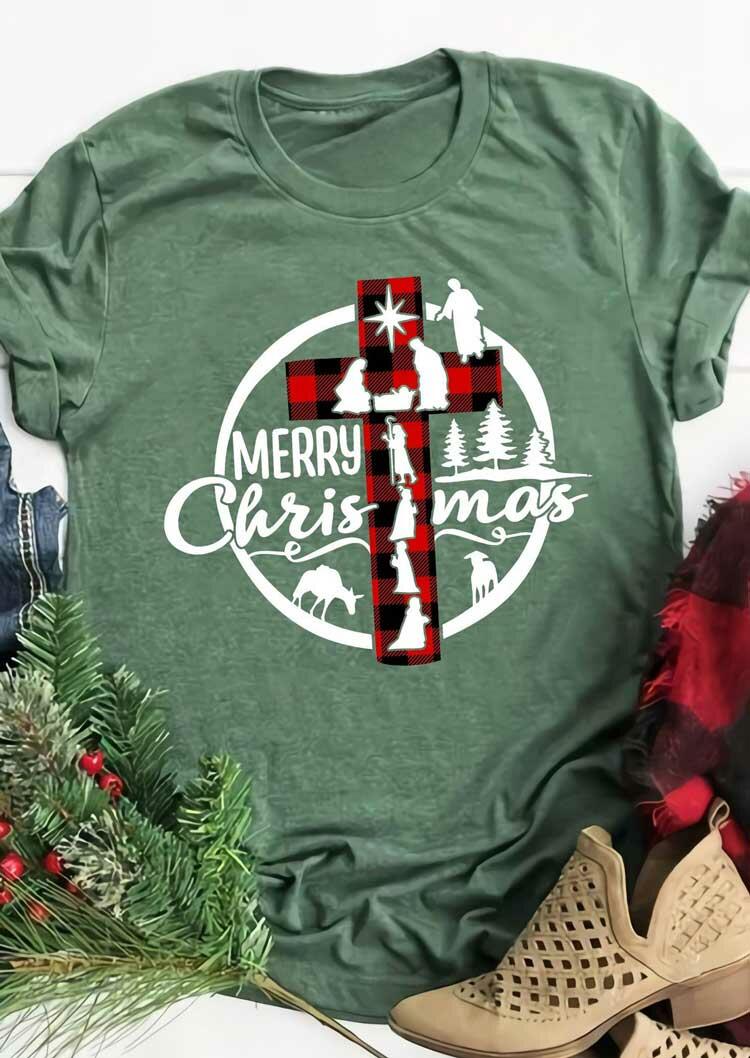 

Merry Christmas Buffalo Plaid Cross Jesus T-Shirt Tee - Green, 486915