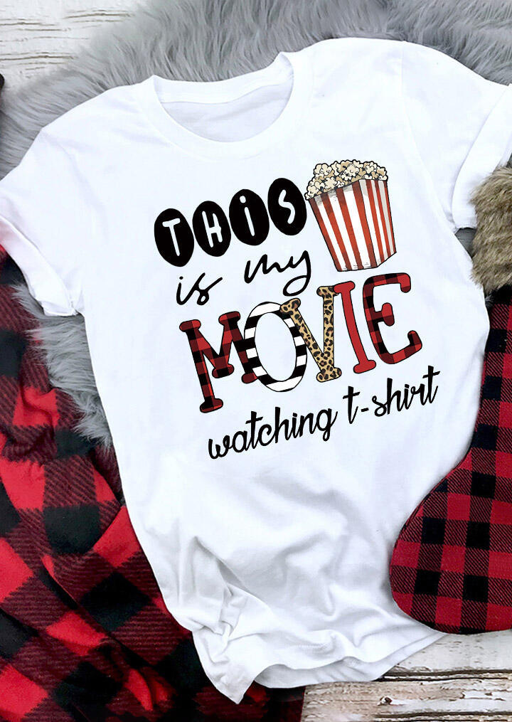 

Leopard Plaid Striped This Is My Movie Watching T-Shirt Tee - White, 486933