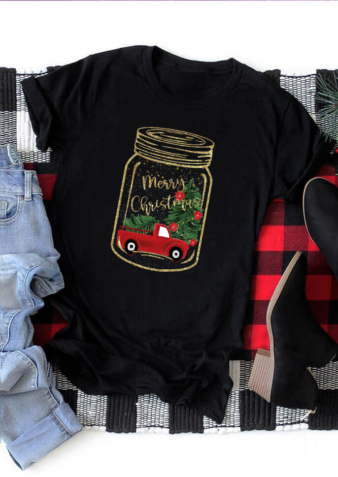 

Merry Christmas Truck Wish Jar T-Shirt Tee - Black, 486937