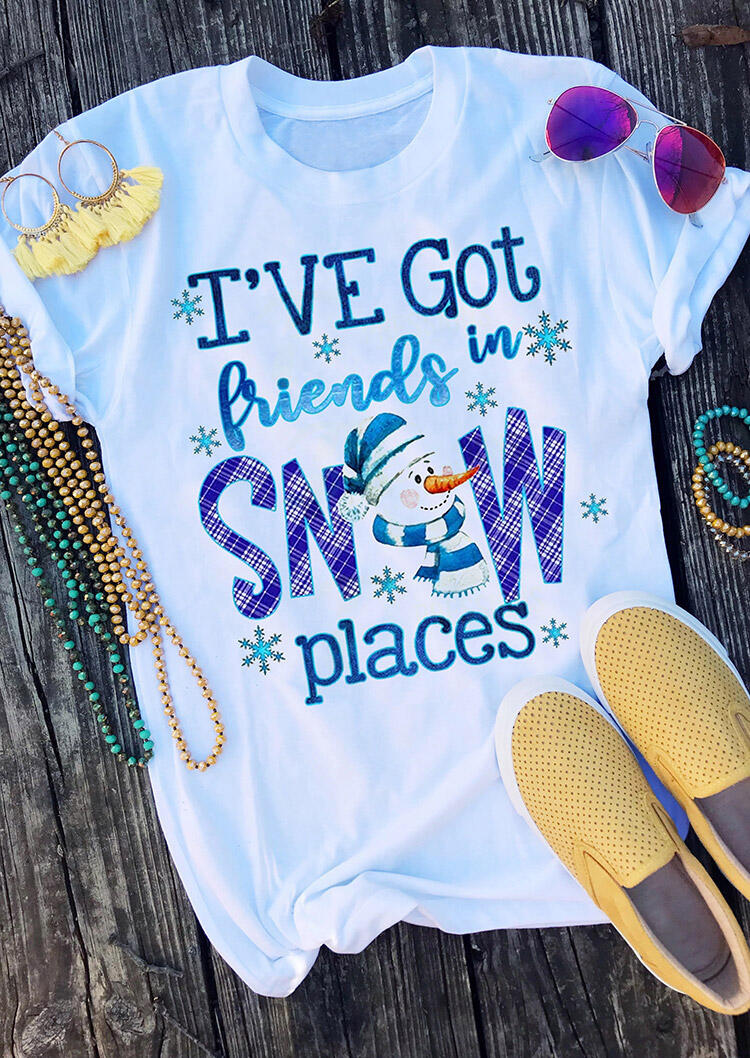 

I've Got Friends In Snow Places Snowman Plaid T-Shirt Tee - White, 486962