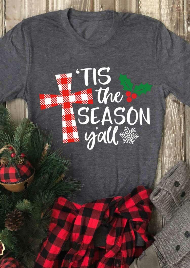 

Christmas Plaid Cross Tis the Season Y'all T-Shirt Tee - Dark Grey, 486964