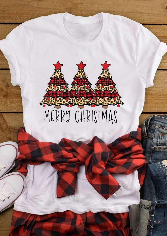 

Merry Christmas Tree Leopard Plaid Star T-Shirt Tee - White, 486969