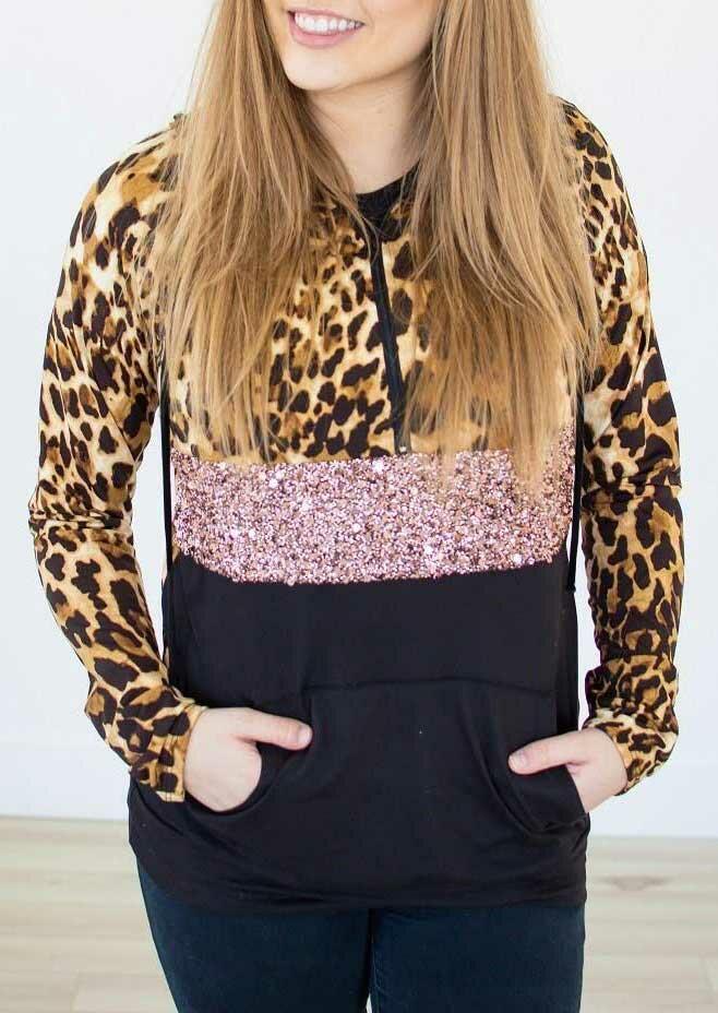 

Sequined Leopard Splicing Kangaroo Pocket Zipper Hoodie, 486979