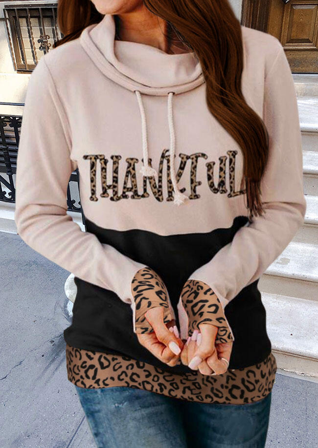 

Thankful Leopard Color Block Drawstring Thumbhole Sweatshirt - Apricot, 486683