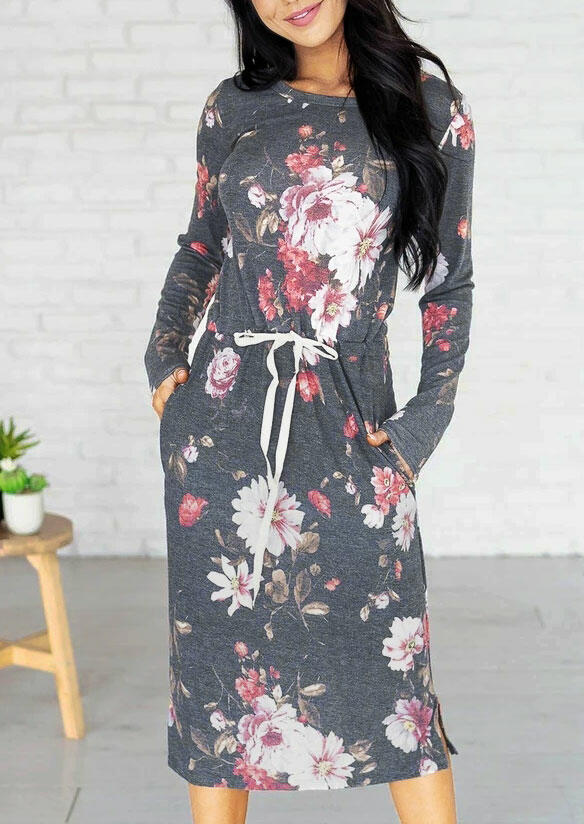 

Floral Drawstring Elastic Waist Pocket Slit Casual Dress - Gray, 486970