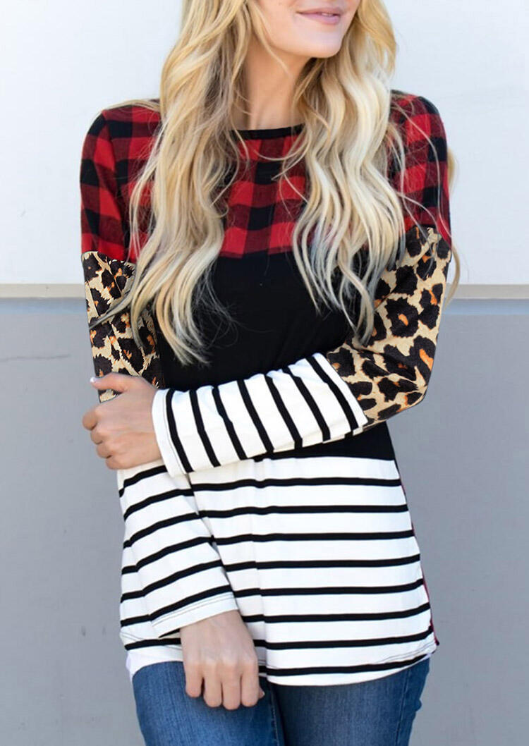 

Leopard Buffalo Plaid Striped Splicing Blouse, Multicolor, 486980