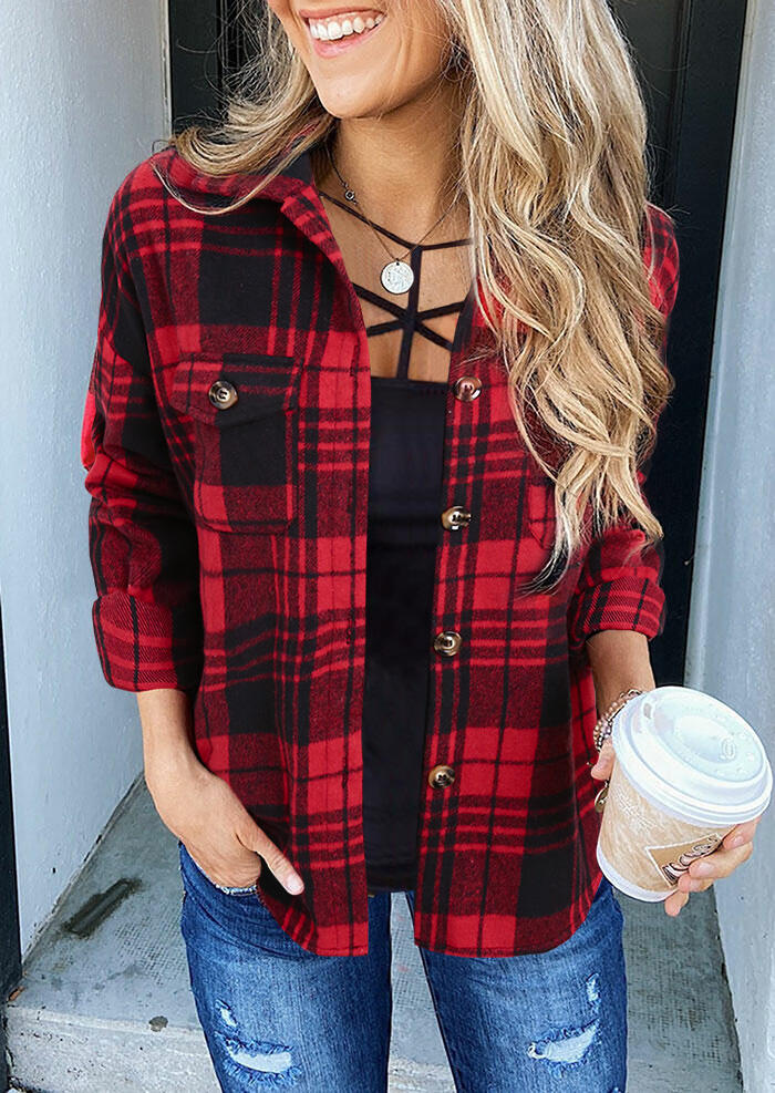 

Buffalo Plaid Pocket Button Long Sleeve Shirt Coat - Red, 487005