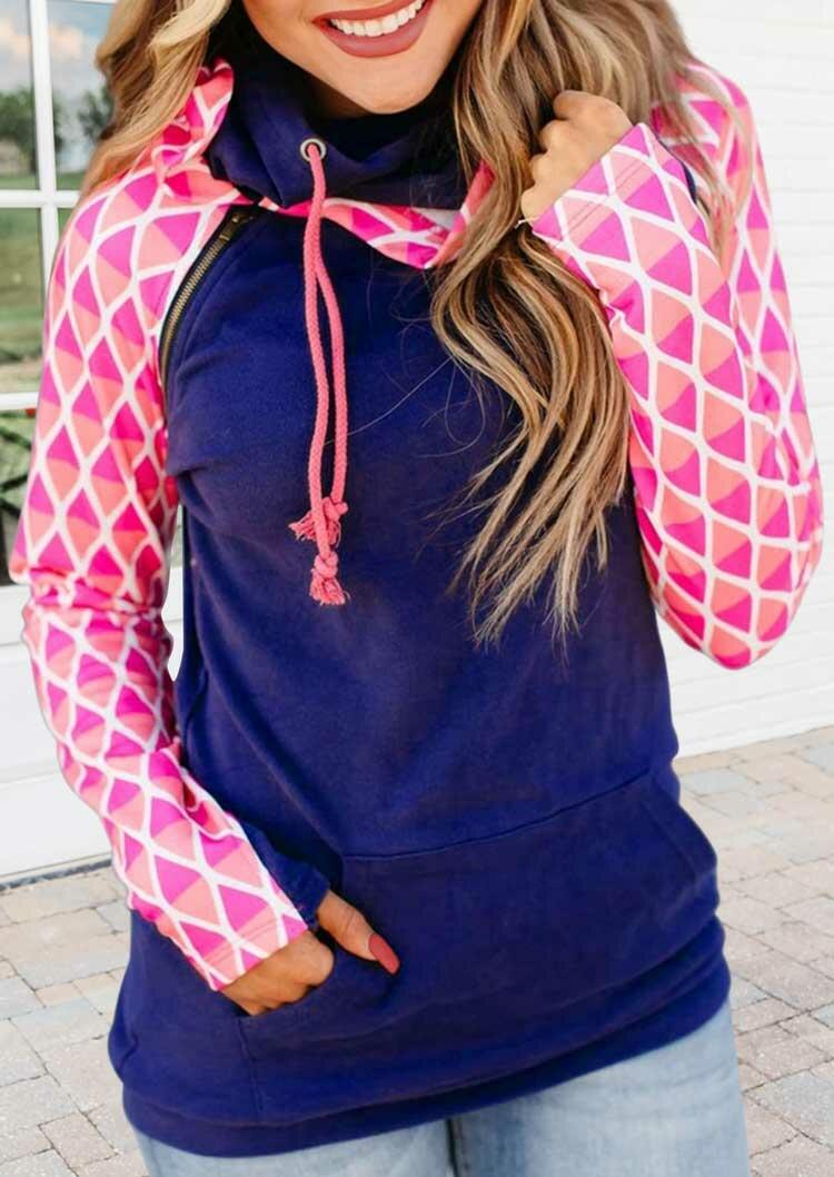 

Geometric Splicing Kangaroo Pocket Zipper Drawstring Hoodie - Royal Blue, 487012