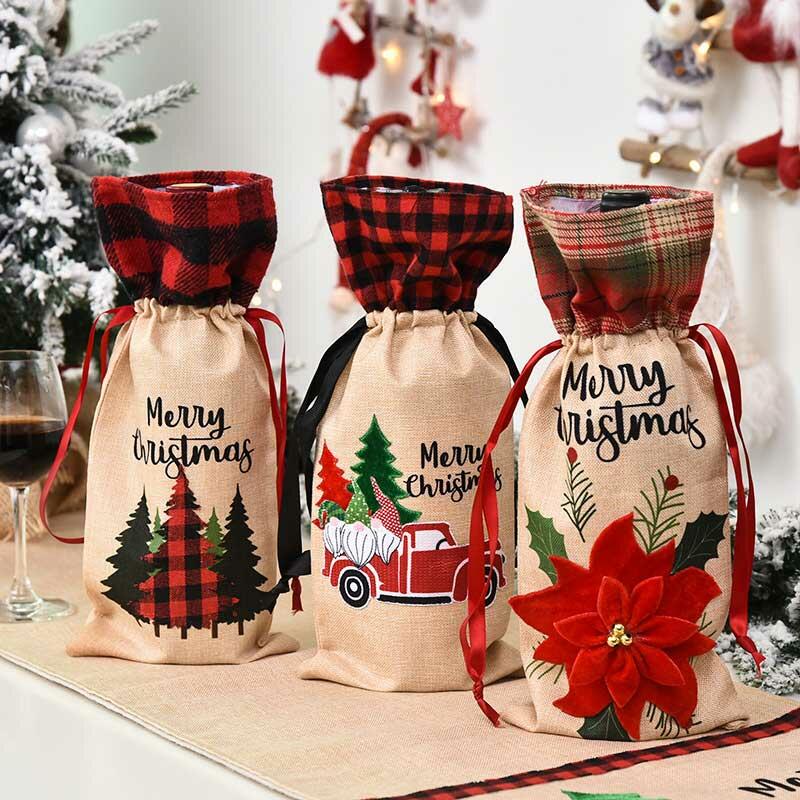 

Merry Christmas Plaid Tree Gnome Floral Wine Bottle Bag, Pattern2, 487029
