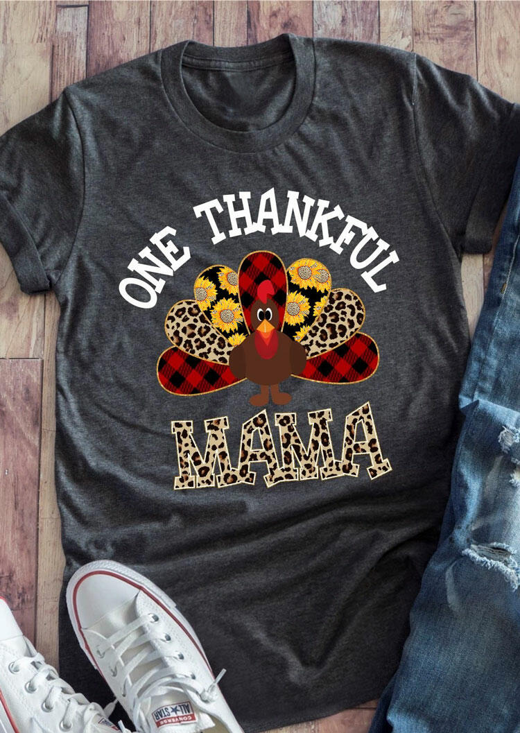 

One Thankful Leopard Sunflower Turkey Mama T-Shirt Tee - Dark Grey, 487043