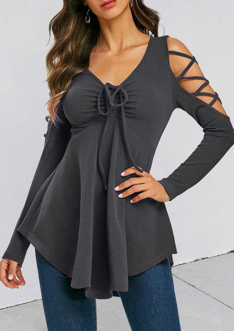 

Asymmetric Criss-Cross Ruffled Tie Blouse - Dark Grey, 487047