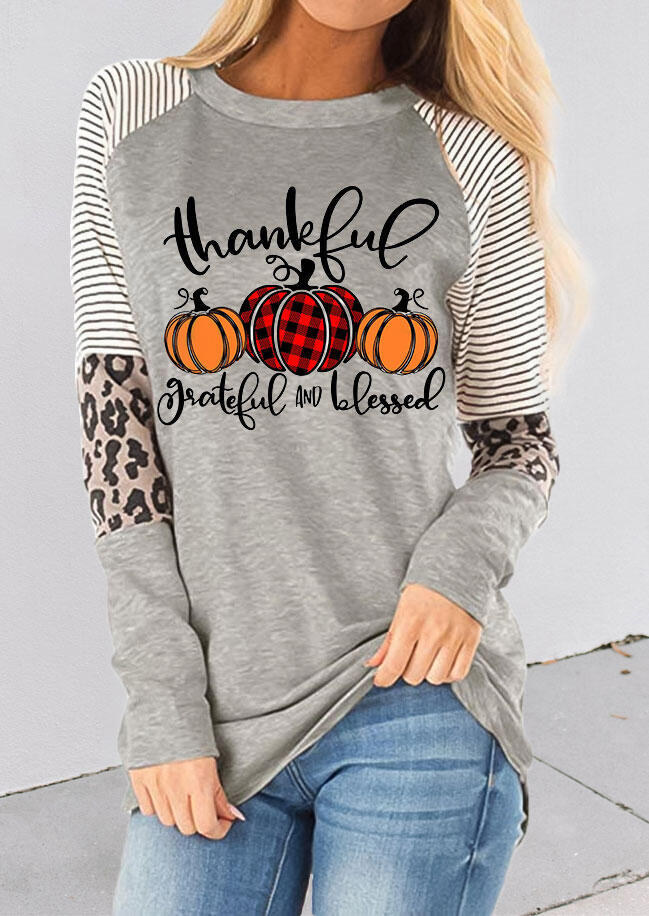 

Thankful Striped Leopard Splicing Plaid Pumpkin T-Shirt Tee - Gray, 487051