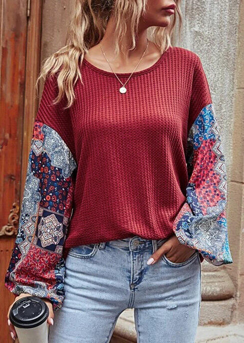 

Geometric Floral Waffle Splicing Elastic Cuff Blouse - Brick Red, 487086