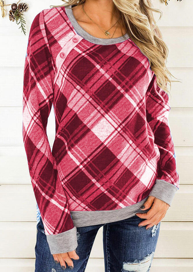 

Plaid Splicing Button Long Sleeve Blouse, 486307