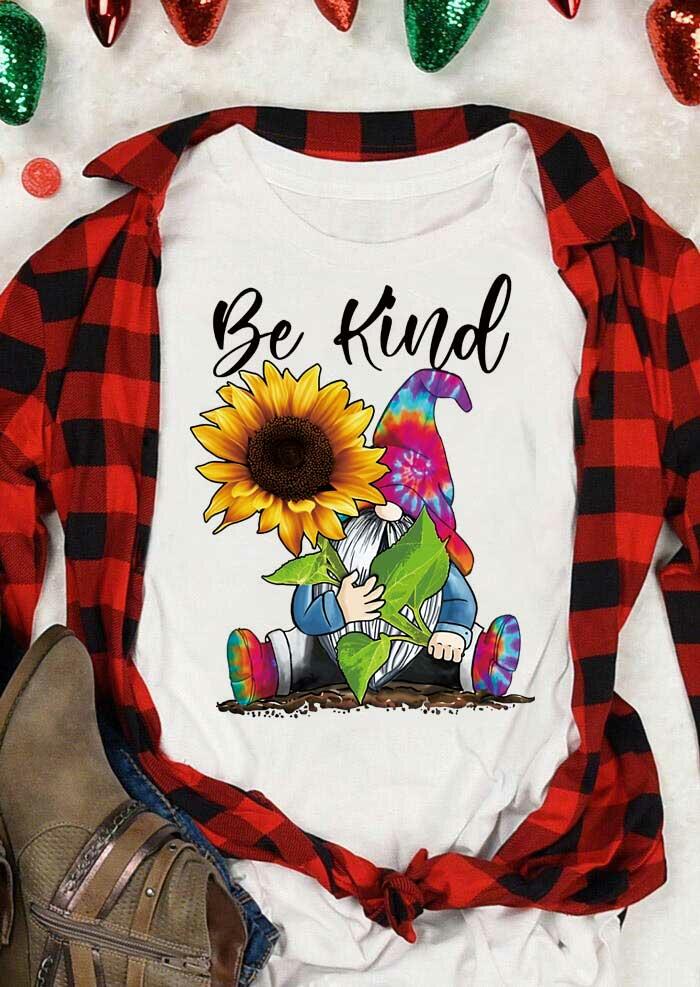 

Be Kind Tie Dye Gnome Sunflower T-Shirt Tee - White, 486951