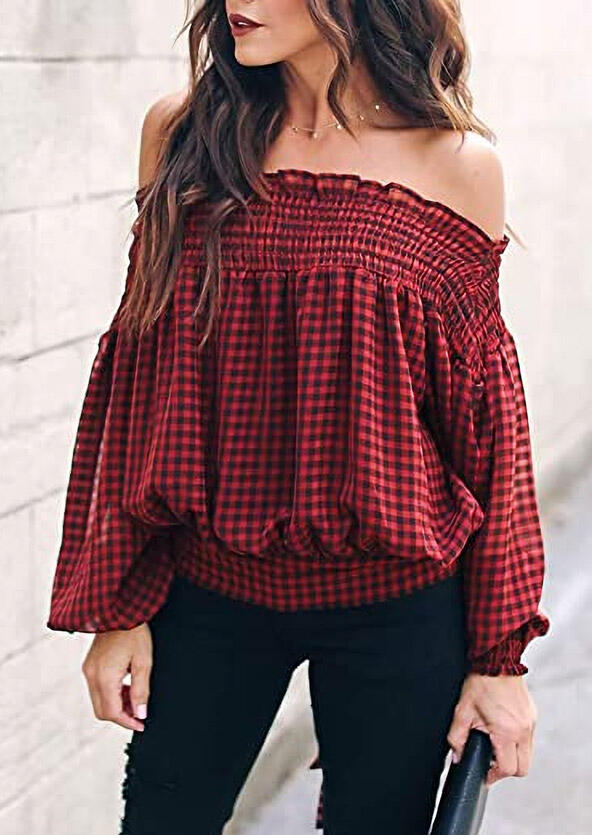 Plaid Ruffled Lantern Sleeve Off Shoulder Blouse