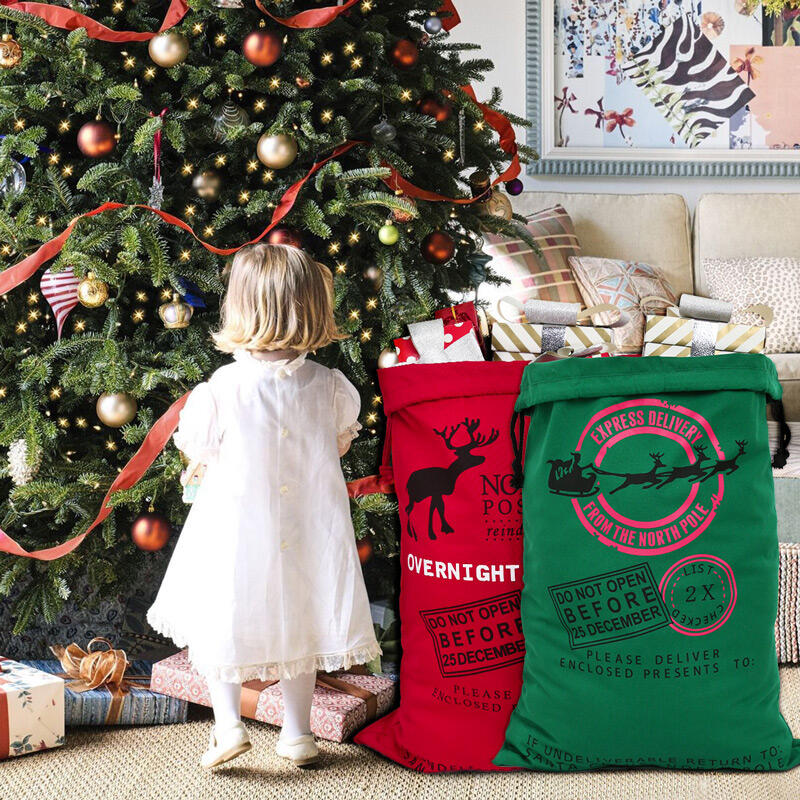 

Christmas Elk Gift Canvas Drawstring Santa Bag, Green;red, 487056