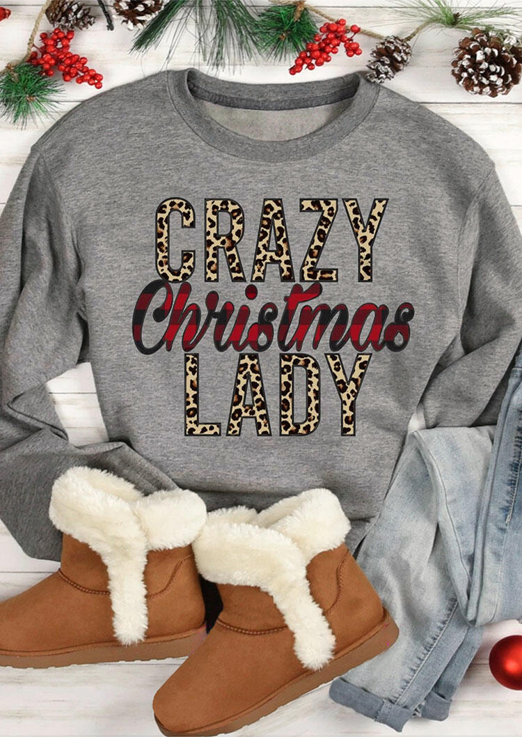 

Crazy Christmas Lady Leopard Buffalo Plaid Sweatshirt - Gray, 487059