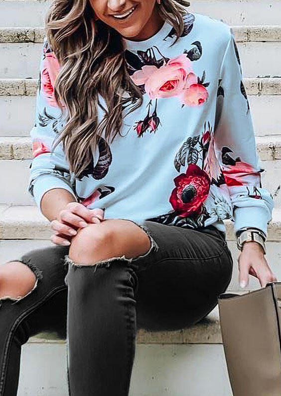 

Floral Long Sleeve O-Neck Pullover Sweatshirt - Light Blue, 487126