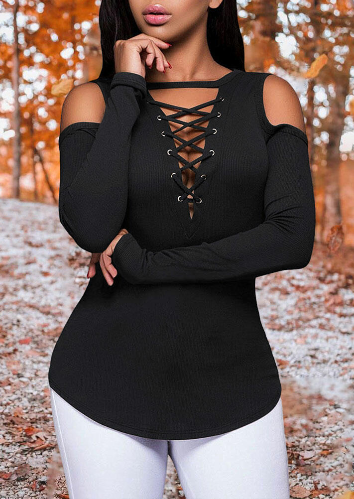 

Lace Up V-Neck Cold Shoulder Blouse - Black, 487187