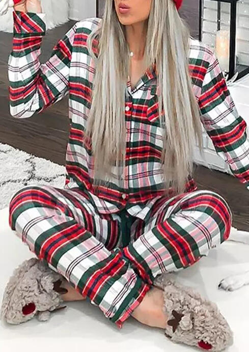 

Plaid Striped Button Shirt And Pants Two-Piece Set, 487193