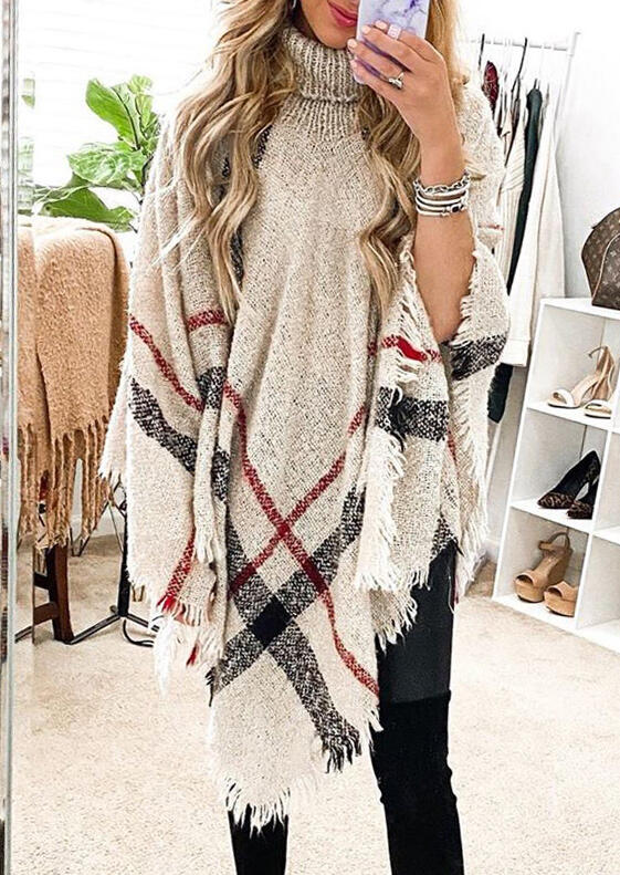 

Plaid Tassel Asymmetric Turtleneck Cape Sweater, Multicolor, 484912