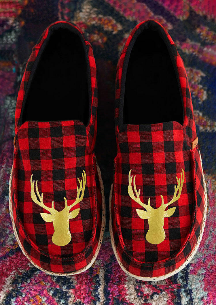 

Christmas Reindeer Buffalo Plaid Slip On Flat Sneakers - Red, 487128