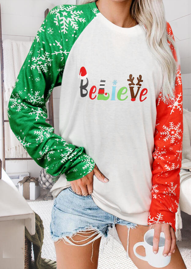 

Christmas Snowflake Believe Long Sleeve Blouse - White, 487136