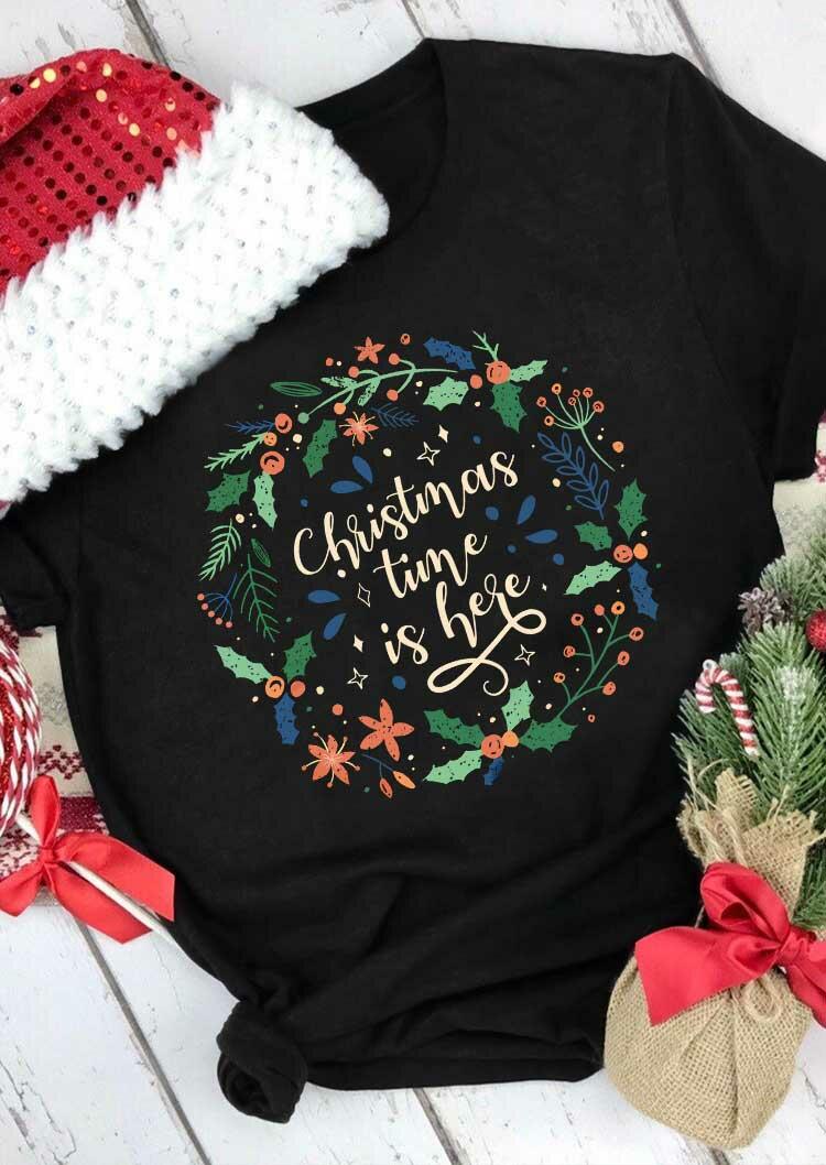 

Christmas Time Is Here Flower Leaf T-Shirt Tee - Black, 487169