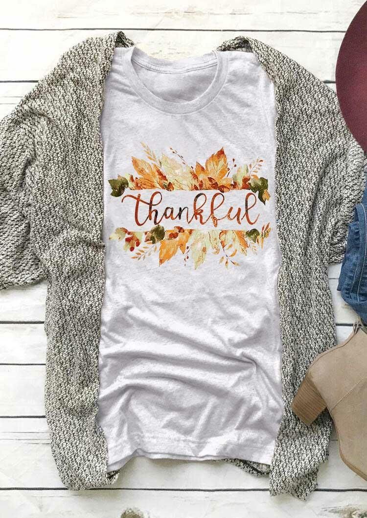 

Thankful Maple Leaf O-Neck T-Shirt Tee - Light Grey, 487172