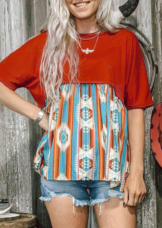 

Aztec Geometric Splicing O-Neck Blouse, Multicolor, 487177