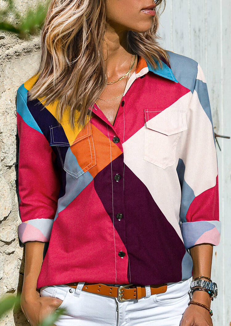 

Color Block Pocket Button Long Sleeve Shirt, Multicolor, 487188