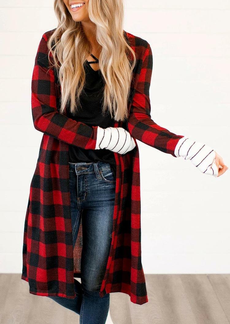 

Buffalo Plaid Striped Splicing Open Front Cardigan, 487232