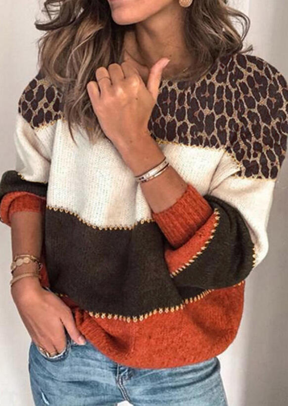 

Leopard Color Block Splicing Knitted Sweater, Multicolor, 487240