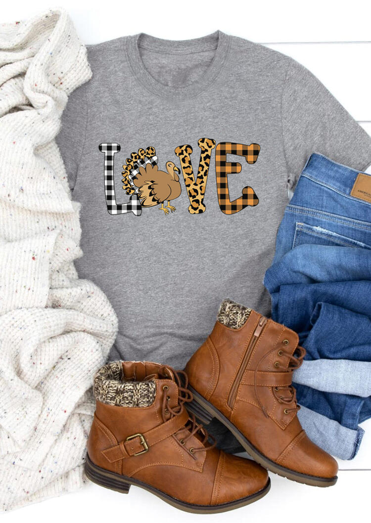 

Thanksgiving Love Leopard Turkey Plaid T-Shirt Tee - Gray, 487253