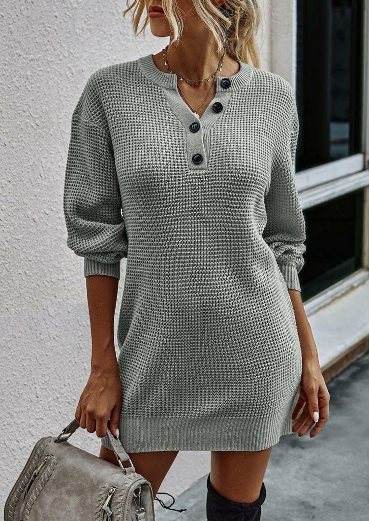 

Button Long Sleeve Knitted Sweater Mini Dress - Gray, 487282