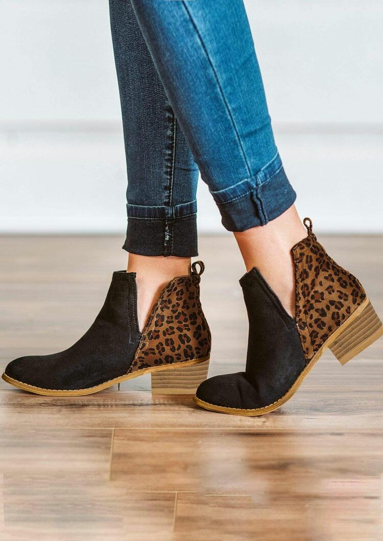 

Leopard Splicing Chunky Heel Round Toe Ankle Boots - Black, 486174