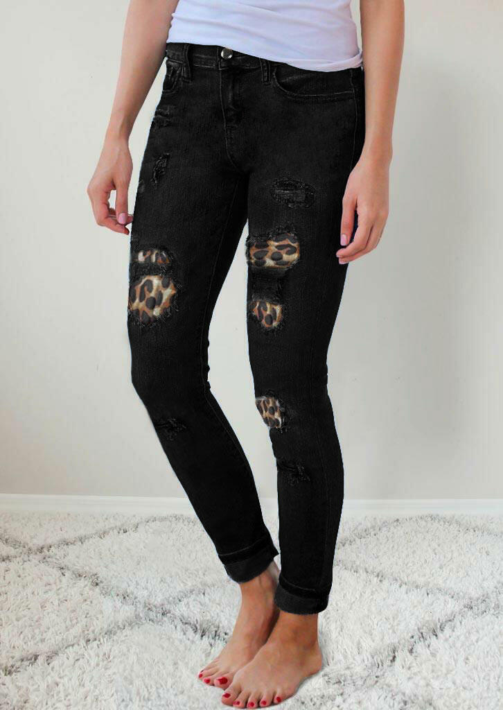 leopard patch distressed jeans