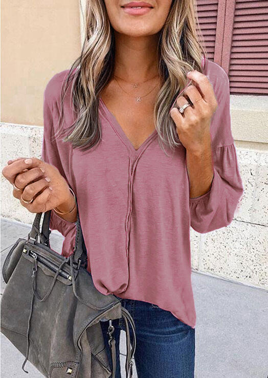 

Ruffled V-Neck Long Sleeve Casual Blouse - Pink, 487058