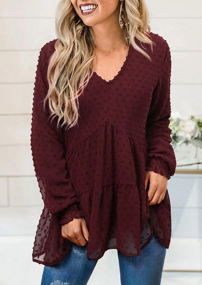 

Ruffled Dotted Swiss V-Neck Elastic Cuff Blouse - Burgundy, 487213
