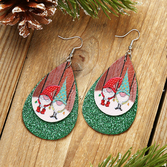 Christmas Gnomies Sequined Dual-Layered Leather Earrings