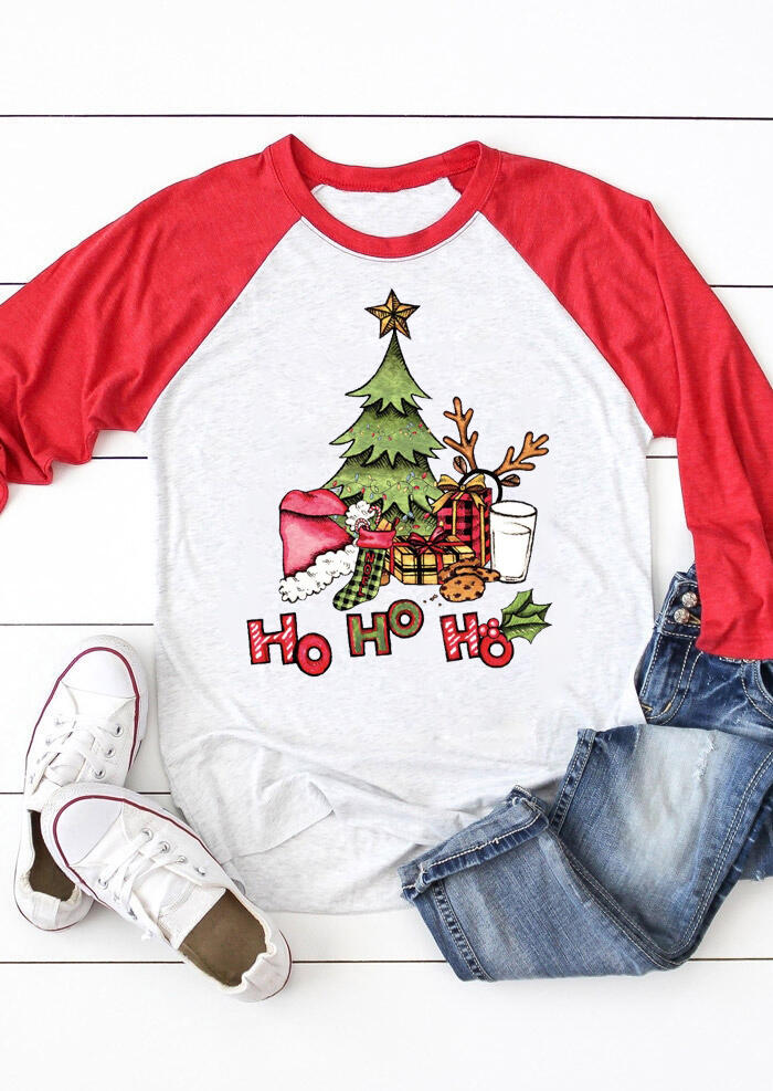 

Christmas Tree Ho Ho Ho Baseball T-Shirt Tee - Red, 487263