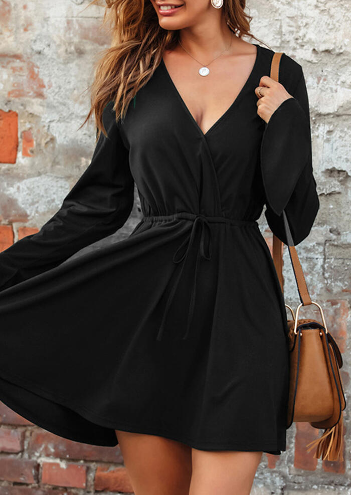 

Ruffled Drawstring Long Sleeve V-Neck Mini Dress - Black, 487265