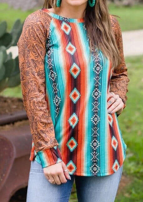 

Aztec Geometric Serape Striped Paisley Raglan Sleeve Blouse - Multicolor, 487288