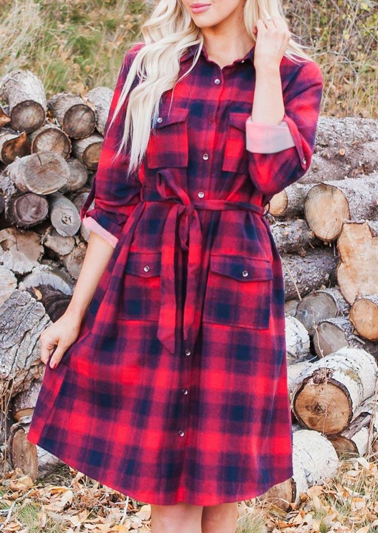 

Plaid Single Button Pocket Mini Dress - Red, 487314