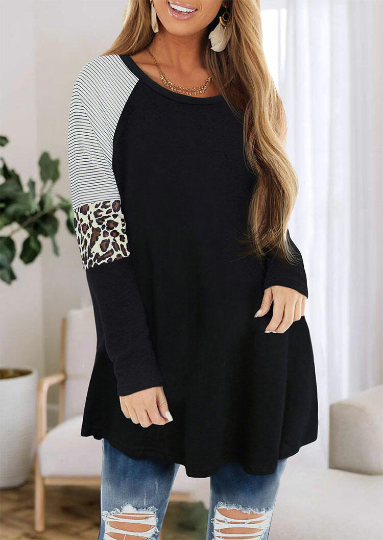

Leopard Striped Splicing Pocket Long Sleeve Blouse - Black, 487331