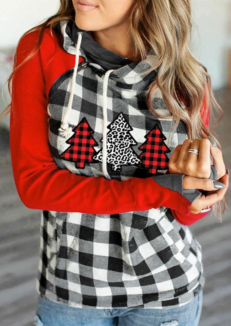 

Plaid Leopard Christmas Tree Pocket Zipper Drawstring Hoodie, 487336
