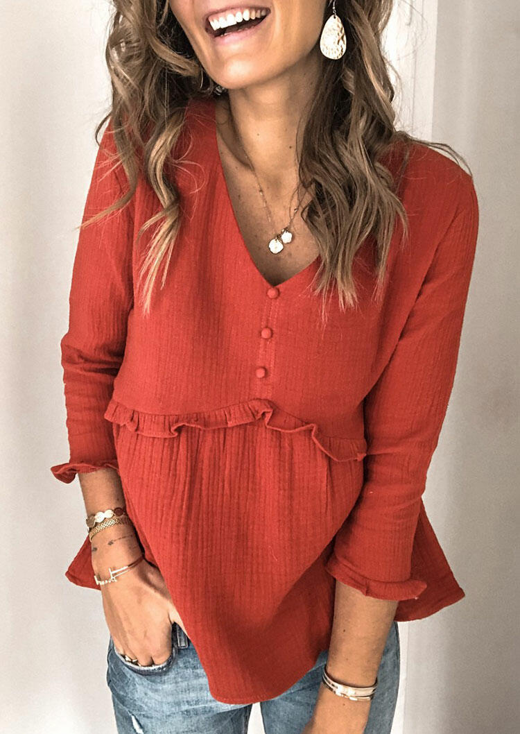 

Ruffled Dotted V-Neck Casual Blouse - Brick Red, 487375