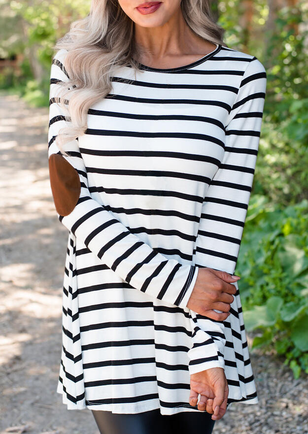

Striped Elbow Patch Back Button Blouse, Stripe, 487395